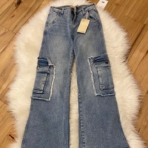 Stylish Blue Flare Jeans with Cargo Pockets